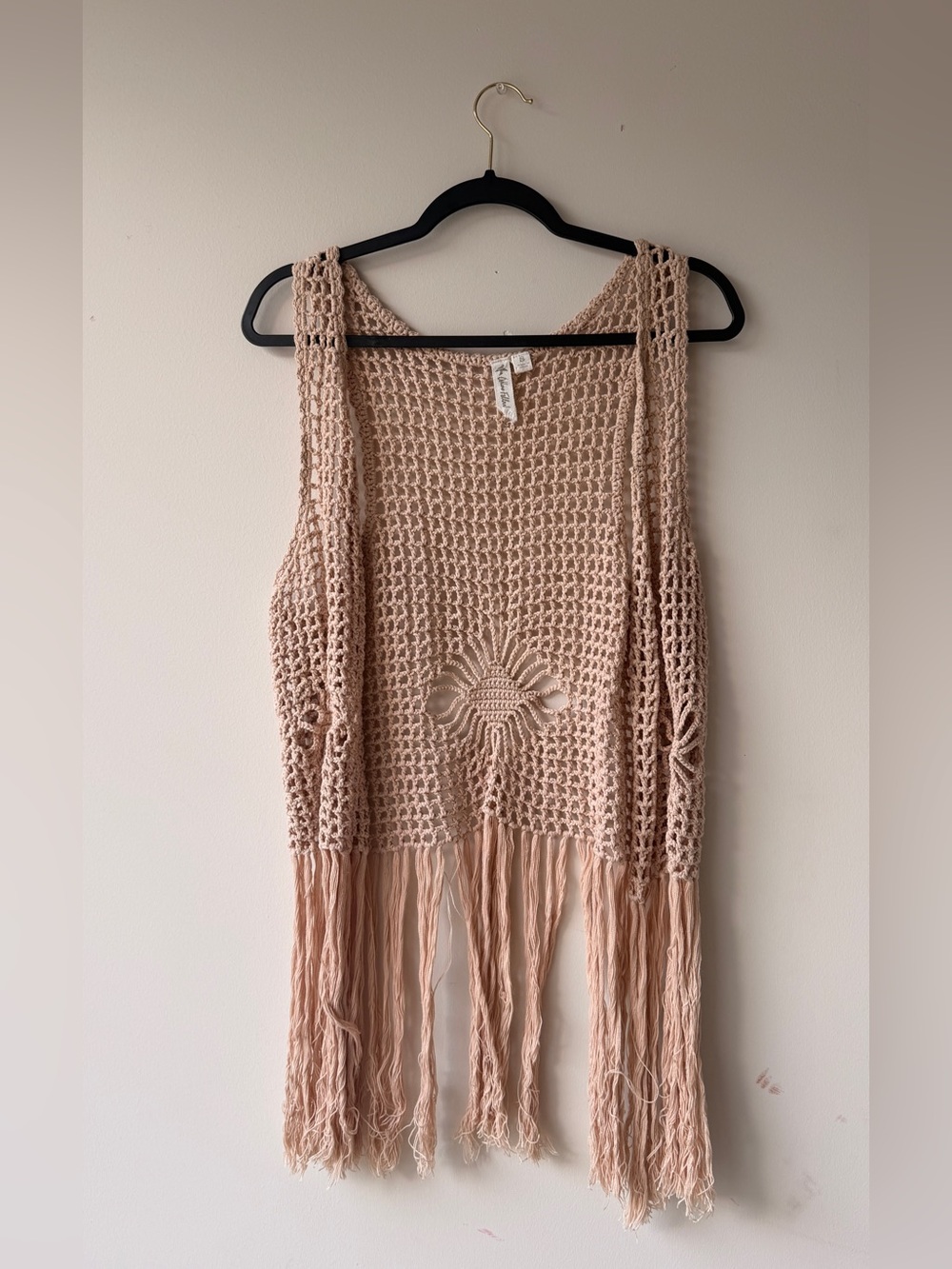 Others Follow Open Crochet Fringe Vest in Soft Pink Beige